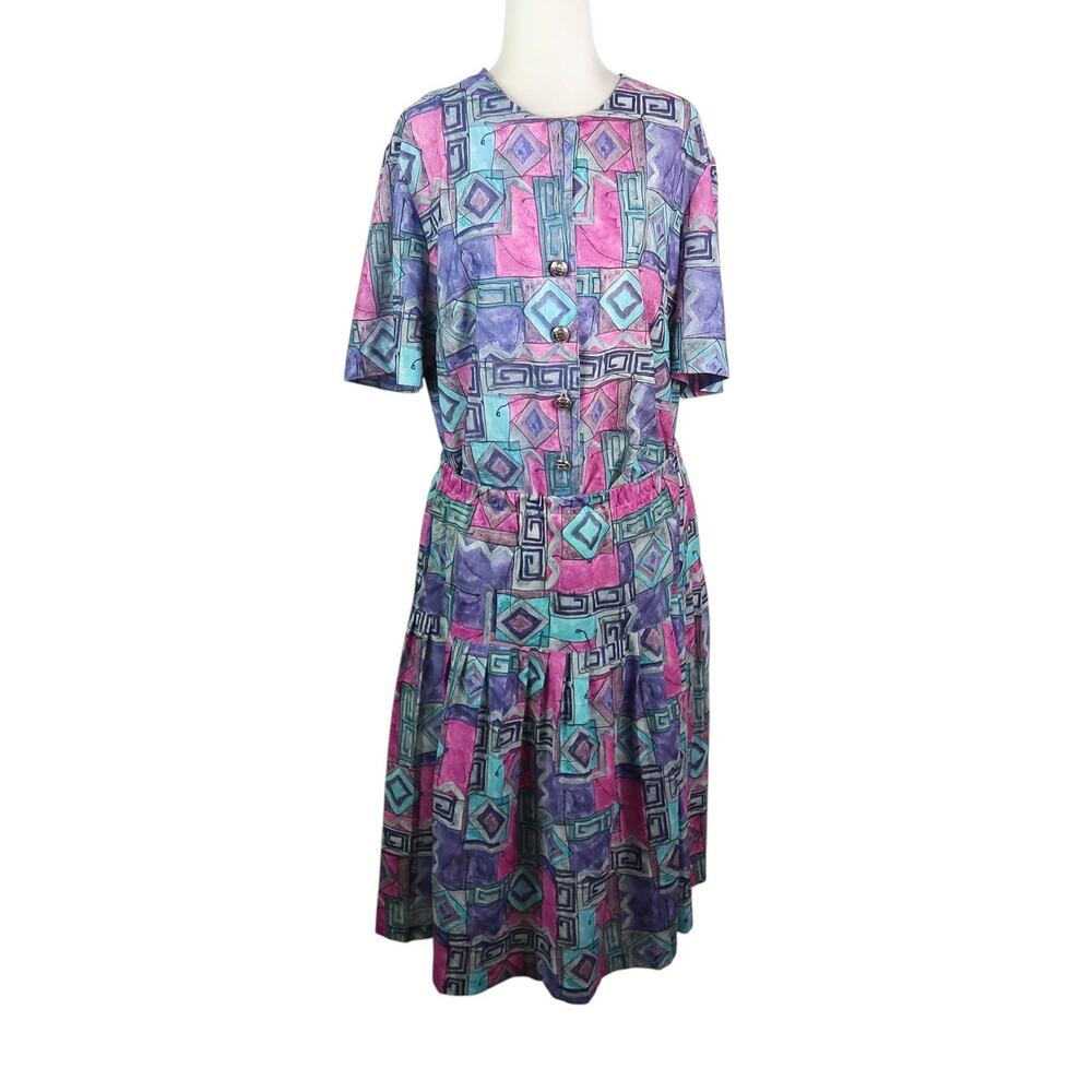 Vintage 80s Tracy Richards Purple and Blue Geo Print Top and Midi Skirt Set 16